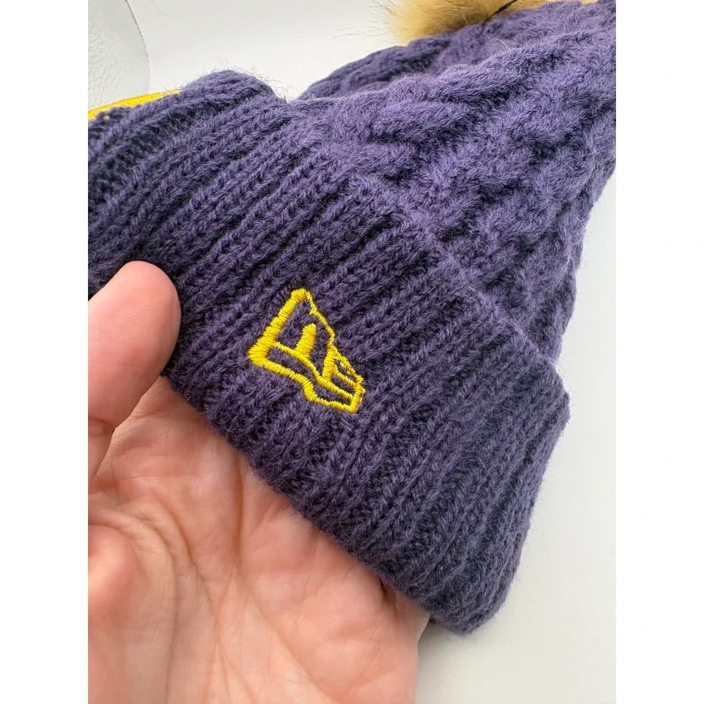 New Era LSU Tigers‎ Purple Cable Knit Beanie Faux Fur Pom Pom Winter Hat Womens